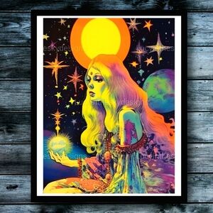 Glowing Goddess Surreal Celestial Art Print Vibrant, colorful, moon & st…